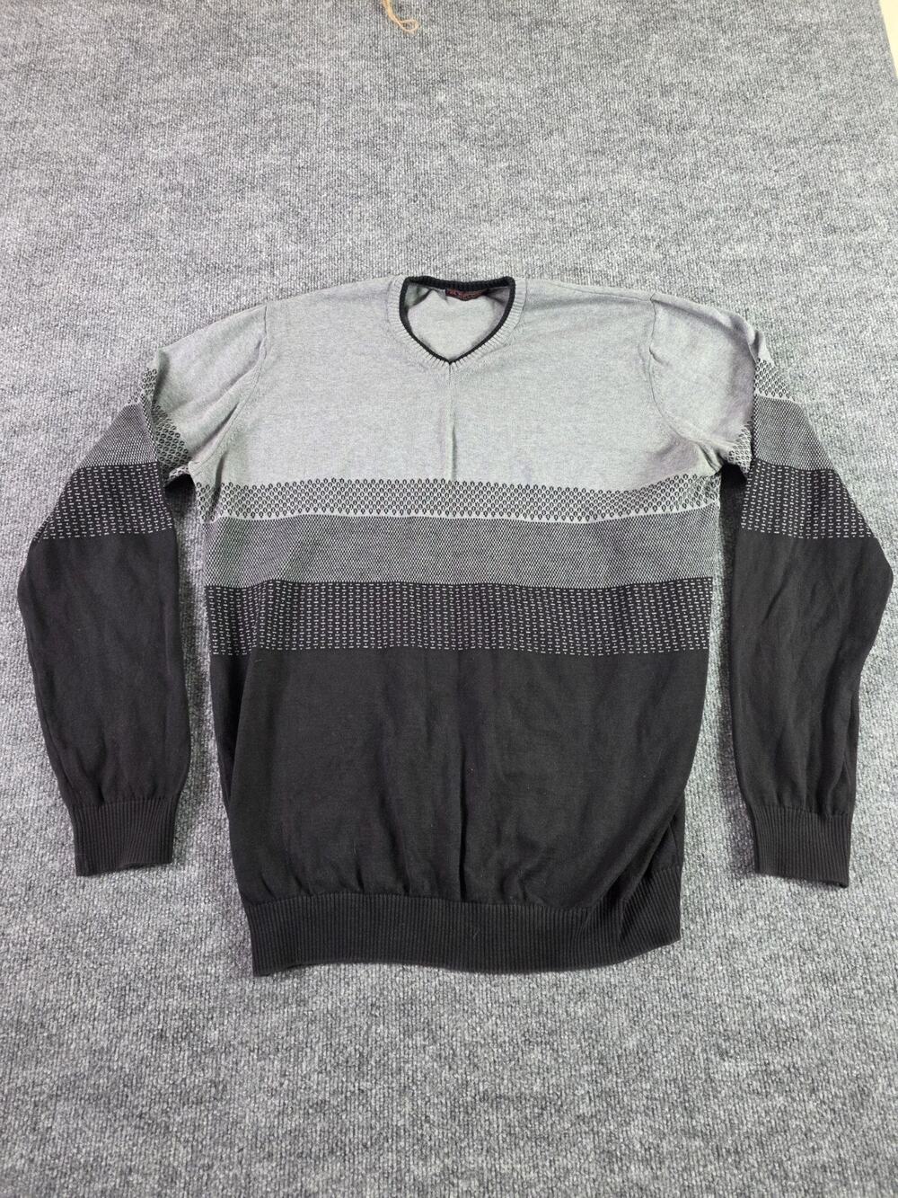 Delon Mens Sweater Size 2XL XXL Gray White Black Striped Grey